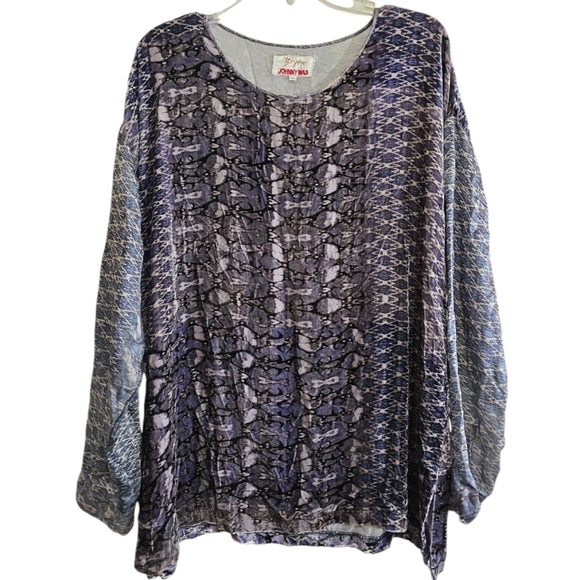 Biya Johnny Was Velvet Abstract Print Top Silk Sleeves Medium Blue Gray Oversize - Picture 1 of 6